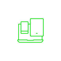 Green neon outlines of a laptop, smartphone, and tablet on a black background.